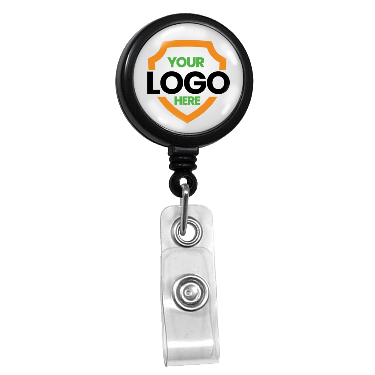 A Custom Max Label Badge Reel with 1 Inch Smooth Face and Swivel Spring Clip - Personalize with Your Logo, featuring a customizable area labeled "Your Logo Here" on a shield background. Perfect for promoting brand awareness and maintaining a professional image.