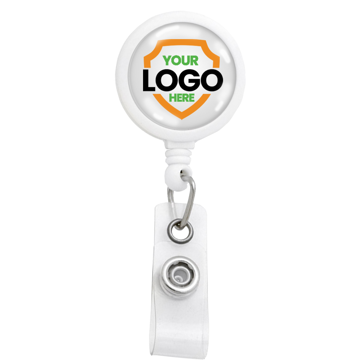 A Custom Max Label Badge Reel with 1 Inch Smooth Face and Swivel Spring Clip - Personalize with Your Logo, featuring a shield design with the text "YOUR LOGO HERE," perfect for custom badge reels to promote brand awareness and maintain a professional image.