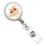 Custom Max Label Badge Reel with 1 Inch Smooth Face and Swivel Spring Clip - Personalize with Your Logo, labeled "Management Group" featuring a stylized "M" logo in red and gold. Ideal for promoting brand awareness, these custom badge reels are perfect for maintaining a professional image.