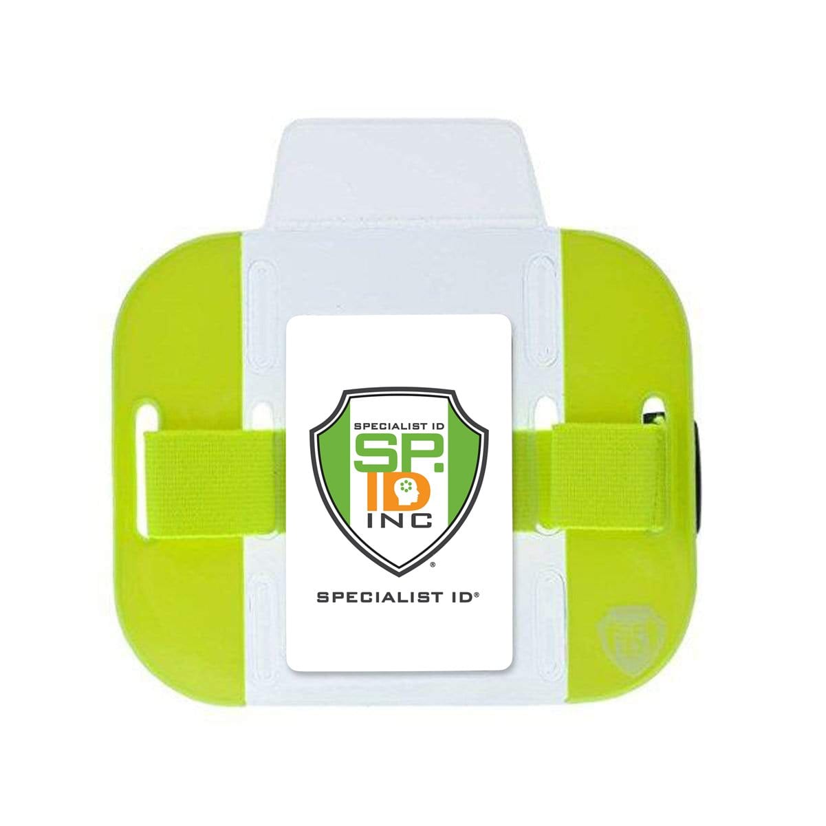A High Visibility Bright Neon Armband ID Card Badge Holder (AC-025) with the "Specialist ID Inc" logo printed on it, featuring a central clear pocket and adjustable straps for convenience. Perfect for outdoor safety, its design ensures high visibility in various environments.
