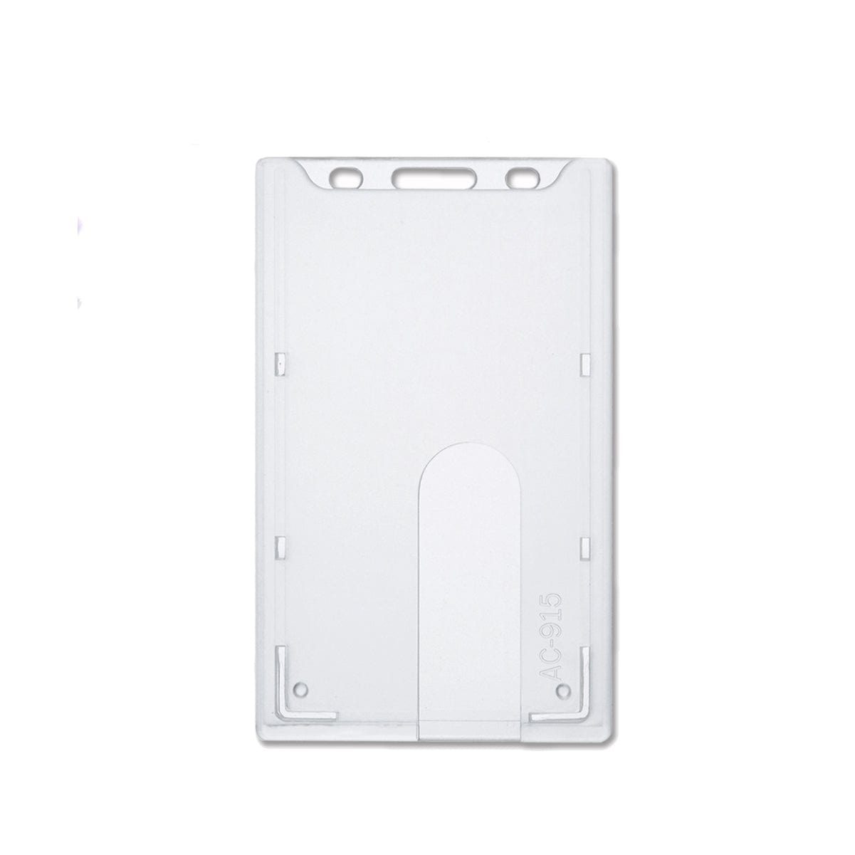A Top Load Rigid Clear Vertical Badge Holder (AC-915) with multiple slots and cutouts for securing an ID card or badge, designed as a rigid badge protector to ensure the safe handling of smart card credentials.