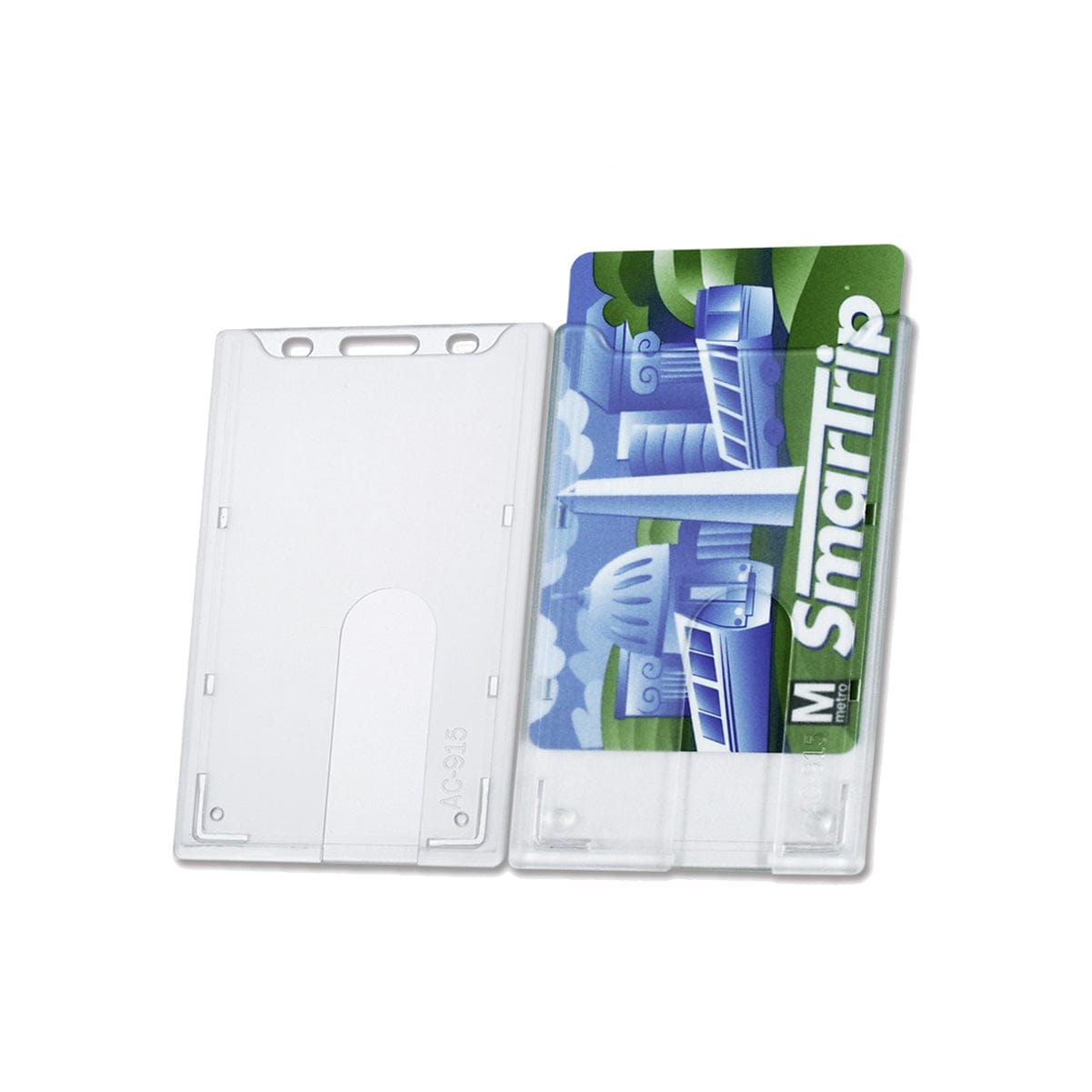A SmarTrip card partially inserted into a Top Load Rigid Clear Vertical Badge Holder (AC-915), featuring a cityscape and green landscape design on the card.