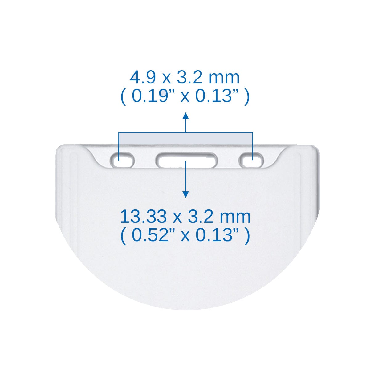 Image showing a white semi-circular object with dimensions labeled, ideal for use with smart card credentials. The top measurement is 4.9 x 3.2 mm (0.19” x 0.13”) and the lower one is 13.33 x 3.2 mm (0.52” x 0.13”). This product is the Top Load Rigid Clear Vertical Badge Holder (AC-915).