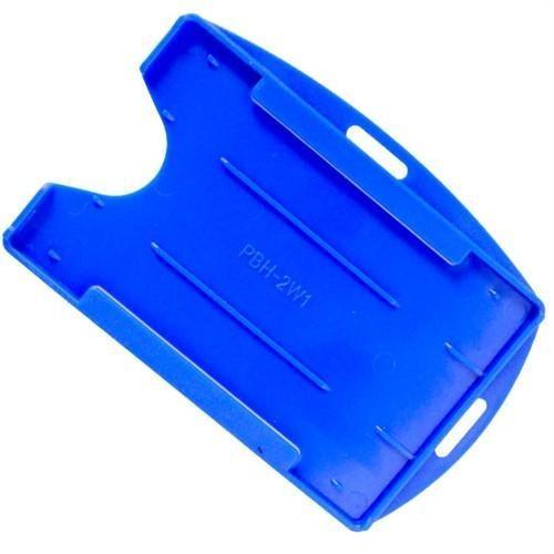 A blue Rigid Open-Faced Single ID Card Holder (P/N AH-075) with slots for attaching a lanyard or clip. Sold by Specialist ID.