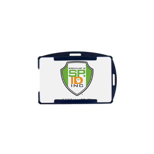A Rigid Open-Faced Single ID Card Holder (P/N AH-075) featuring their logo, which shows a shield with the letters "SP ID Inc" and a small "Specialist ID" text below. The blue ID card holder comes with a clear window for easy visibility.
