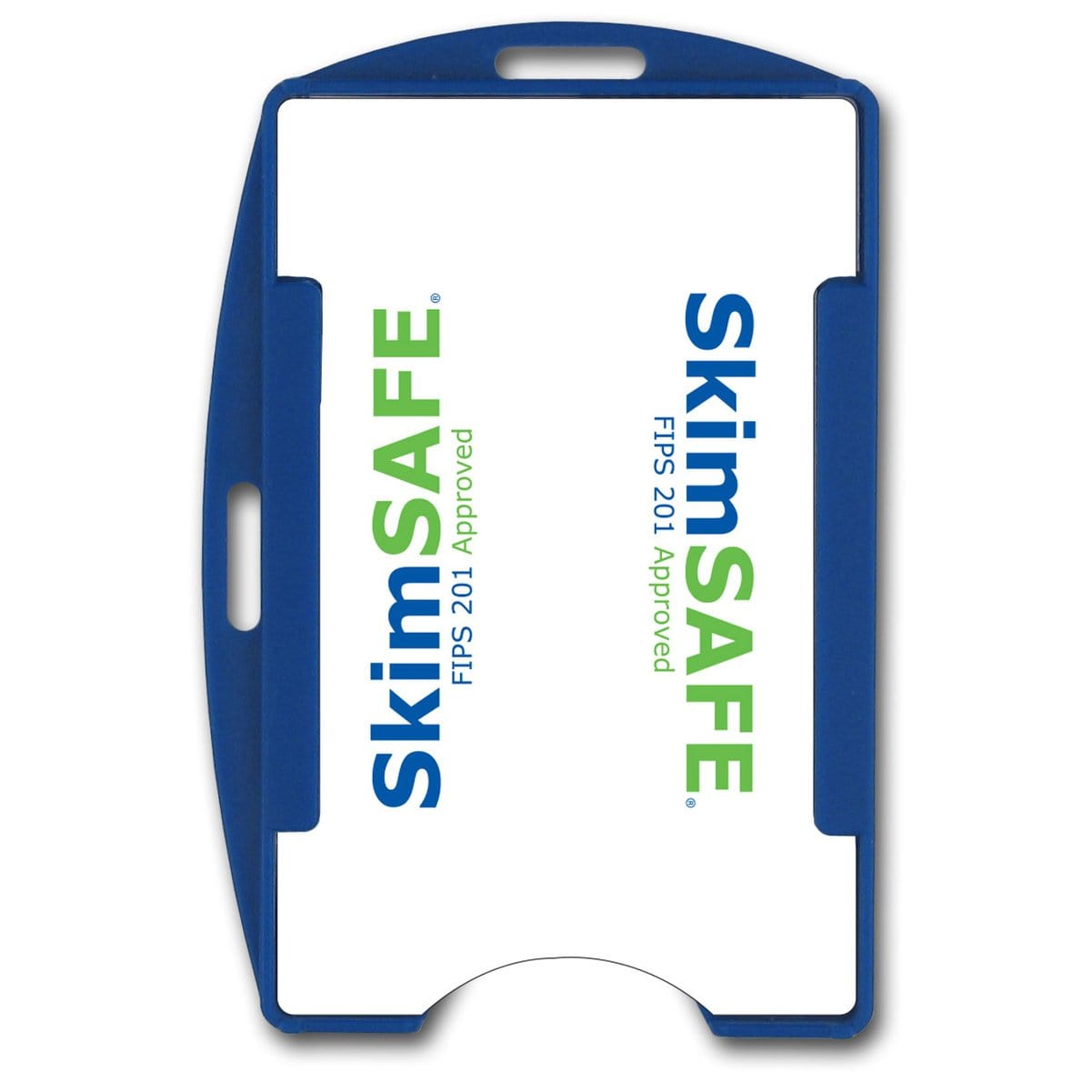 SkimSAFE FIPS 201 RFID Blocking Single Card ID Holder (P/N AH-200) with "SkimSAFE FIPS 201 Approved" text in green and blue, ensuring your credentials are secure.