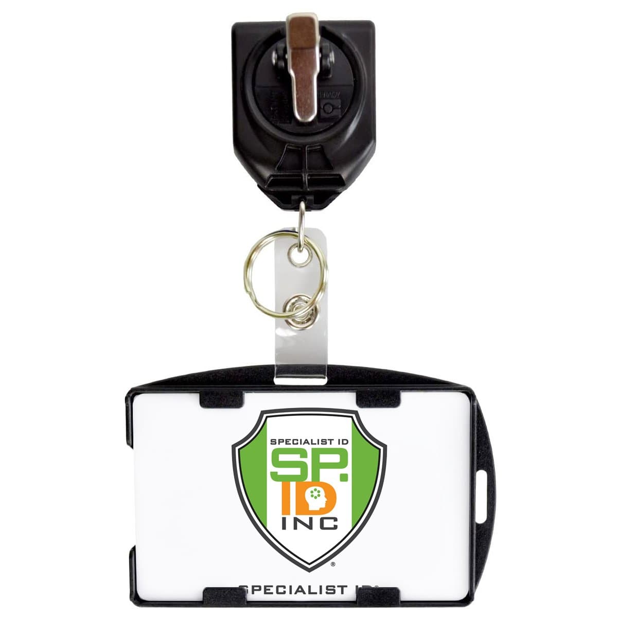 A SkimSAFE FIPS 201 RFID Blocking 2-Card ID Holder (AH-210) with a black clip and plastic casing for a card displaying the "Specialist ID Inc" logo in green and orange, featuring RFID blocking technology for added security.