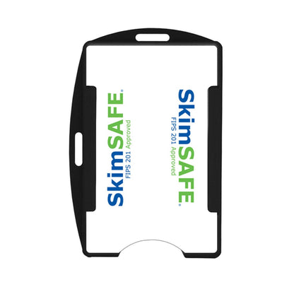 A SkimSAFE FIPS 201 RFID Blocking 2-Card ID Holder (AH-210) with black edges and white center displaying the SkimSAFE logo oriented vertically, featuring RFID blocking for added security.