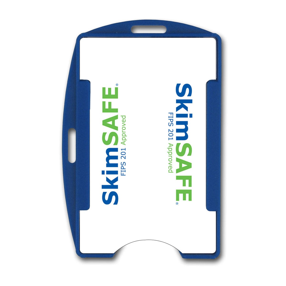 A blue and white SkimSAFE FIPS 201 RFID Blocking 2-Card ID Holder (AH-210) that is FIPS 201 approved, featuring RFID blocking. The SkimSAFE logo is printed in blue and green on the card inside.