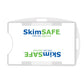 A white SkimSAFE FIPS 201 RFID Blocking 2-Card ID Holder (AH-210) with "FIPS 201 Approved" written in green text on the front and inverted on the back. This secure ID holder ensures your cards are protected from unwanted scans.