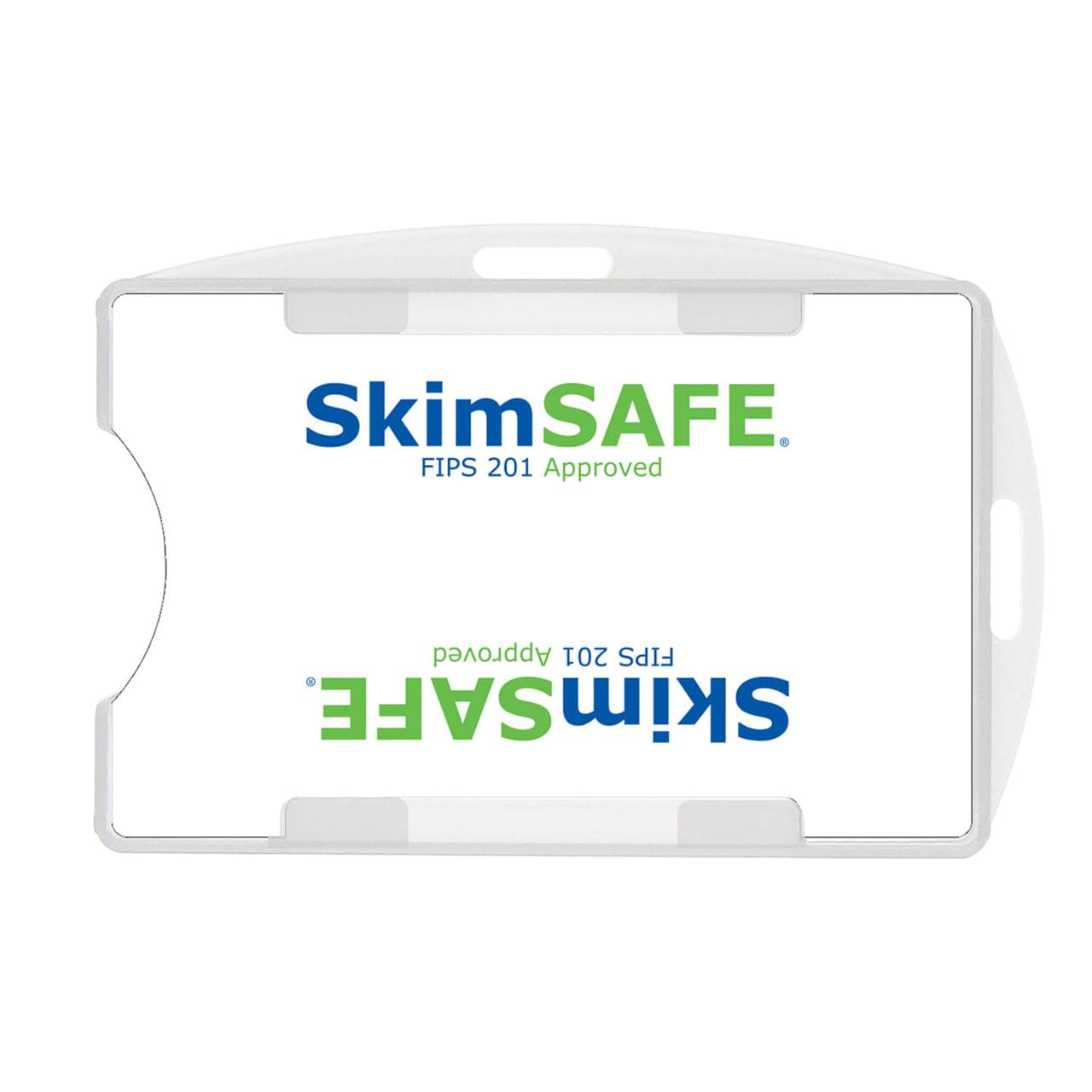 A white SkimSAFE FIPS 201 RFID Blocking 2-Card ID Holder (AH-210) with "FIPS 201 Approved" written in green text on the front and inverted on the back. This secure ID holder ensures your cards are protected from unwanted scans.