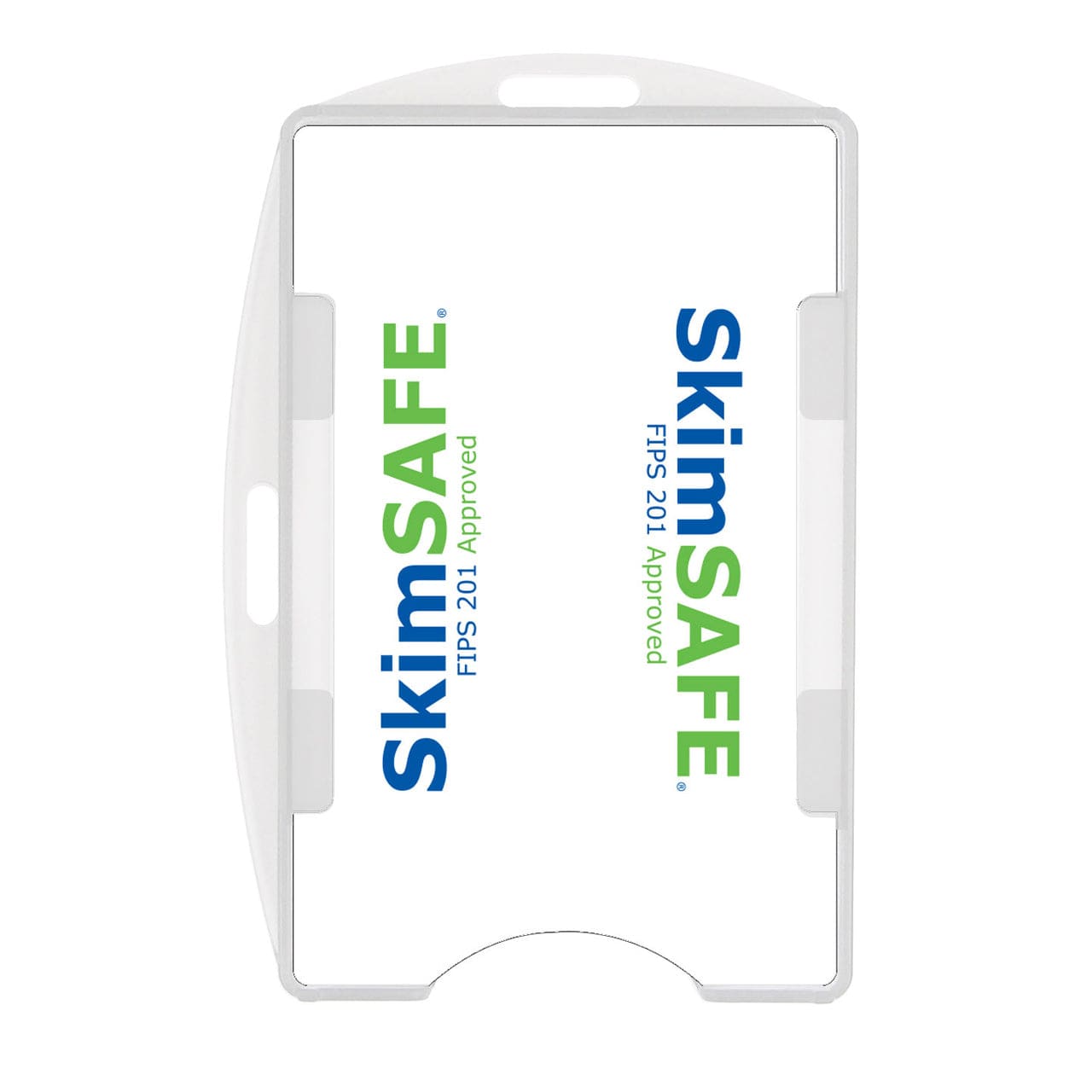 A white SkimSAFE FIPS 201 RFID Blocking 2-Card ID Holder (AH-210) with the text "SkimSAFE" and "FIPS 201 Approved" in blue and green. Designed to protect identification cards, this RFID blocking cardholder ensures your information stays secure.
