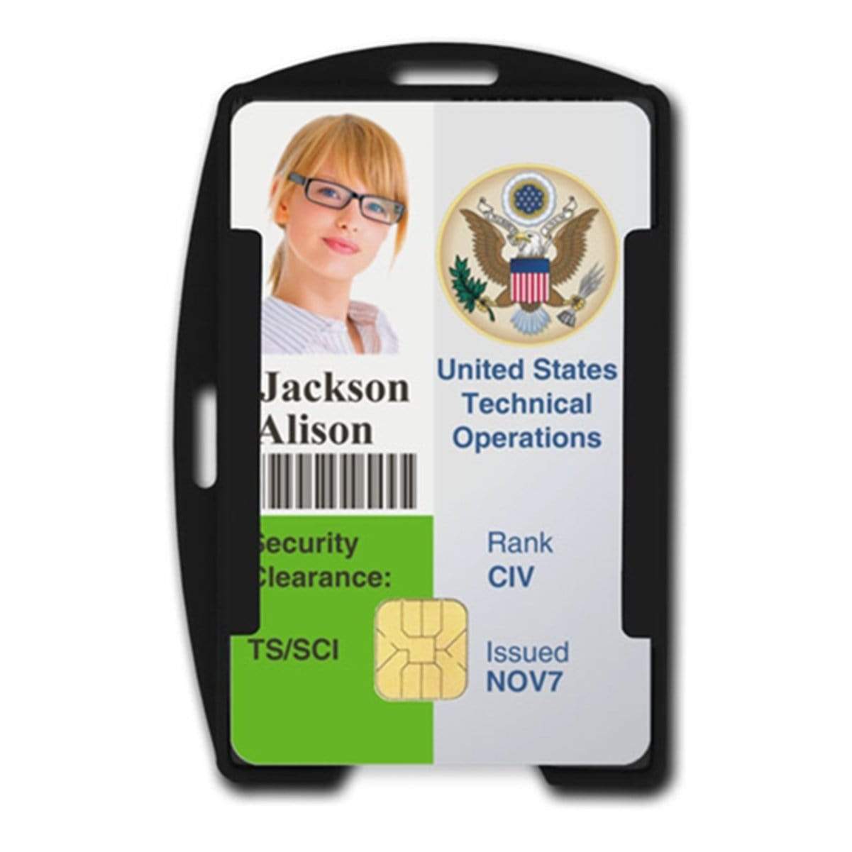 ID badge with photo of a person, labeled "Jackson Alison." Includes a barcode, security clearance level TS/SCI, rank CIV, issued date NOV7, and the emblem of the United States Technical Operations. The SkimSAFE FIPS 201 RFID Blocking 2-Card ID Holder (AH-210) features RFID blocking and complies with FIPS 201 standards.