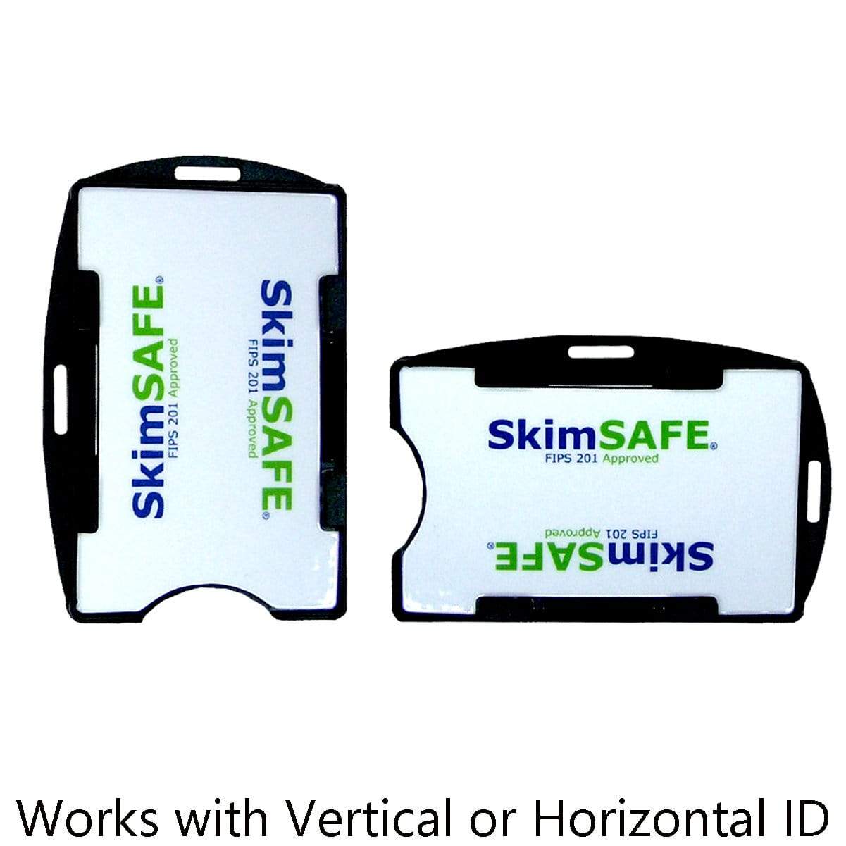 Two SkimSAFE FIPS 201 RFID Blocking 2-Card ID Holders (AH-210), one vertical and one horizontal, designed with RFID blocking to protect IDs from scanning. Text reads "Works with Vertical or Horizontal ID.