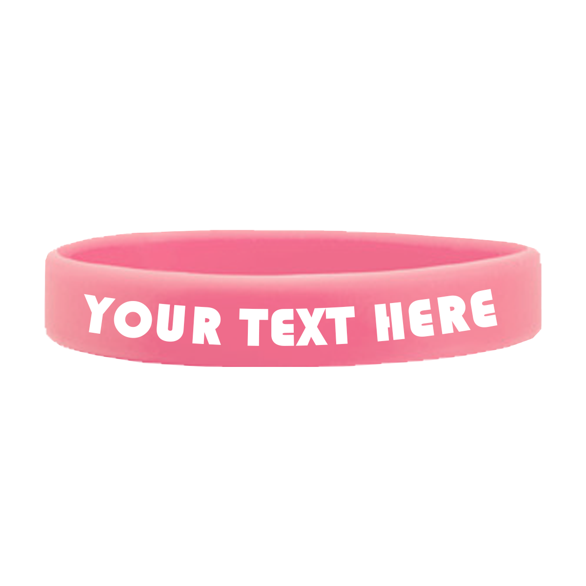 High-quality Customizable Adult 1/2" Silicone Wristbands with the words "YOUR TEXT HERE" in white capital letters. Perfect for promoting a cause or personal message, these customizable silicone wristbands offer both style and durability.