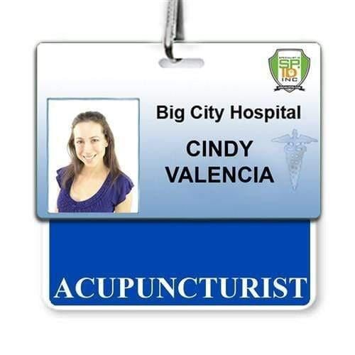 ID badge for Cindy Valencia, an acupuncturist at Big City Hospital. Designed for instant role recognition in a healthcare environment, the "ACUPUNCTURIST" Horizontal Badge Buddy with Blue border features her photo, name, job title, and the hospital's logo.