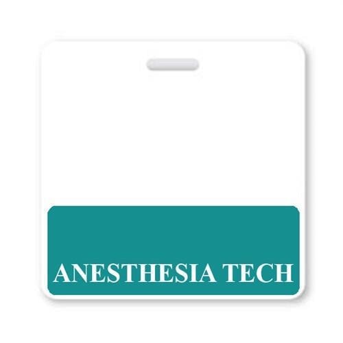 White badge with a teal section at the bottom displaying the text "ANESTHESIA TECH" in white capital letters for instant role recognition, featured on the "ANESTHESIA TECH" Horizontal Badge Buddy with Teal border.