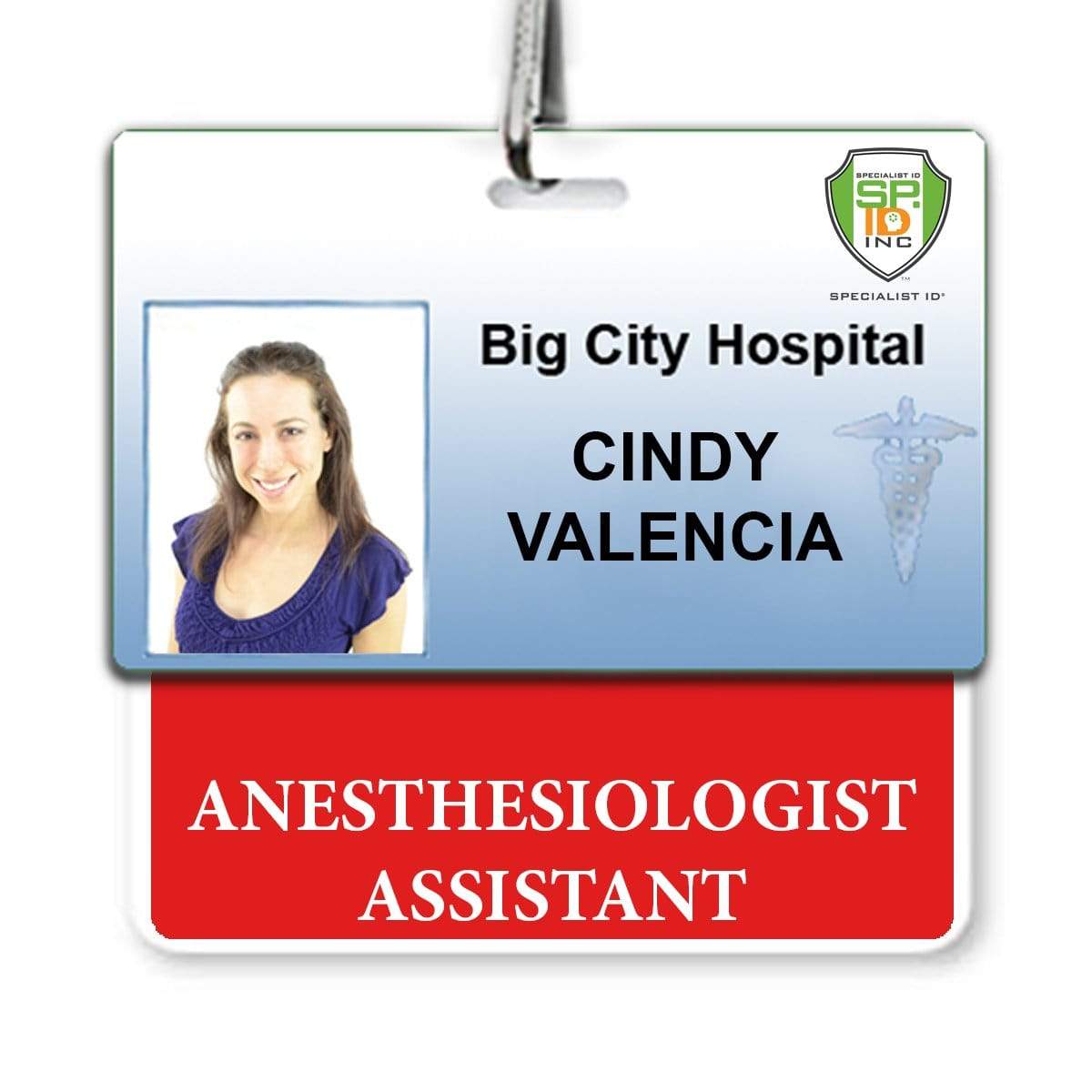 ANESTHESIOLOGIST ASSISTANT Horizontal Badge Buddy with Red Border for Big City Hospital showing a photo of a person and the name "Cindy Valencia," with the title "ANESTHESIOLOGIST ASSISTANT" in bold red lettering.