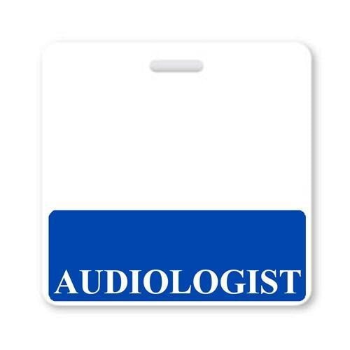 A white name badge with a blue section at the bottom displaying the word "AUDIOLOGIST" in white letters, perfect for instant role recognition. This AUDIOLOGIST Horizontal Badge Buddy with Blue border ensures clarity and professionalism.