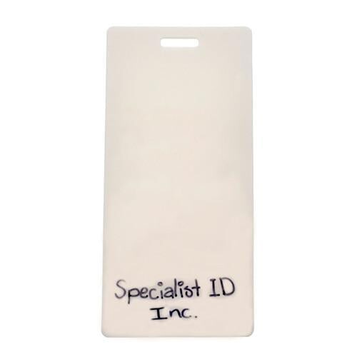 A Blank Vertical Badge Buddy, perfect for a hospital environment, featuring a slot for a lanyard and "Specialist ID Inc." written at the bottom in marker. Ideal for role recognition, this ID badge can also be paired with a Badge Buddy to clearly identify staff roles.