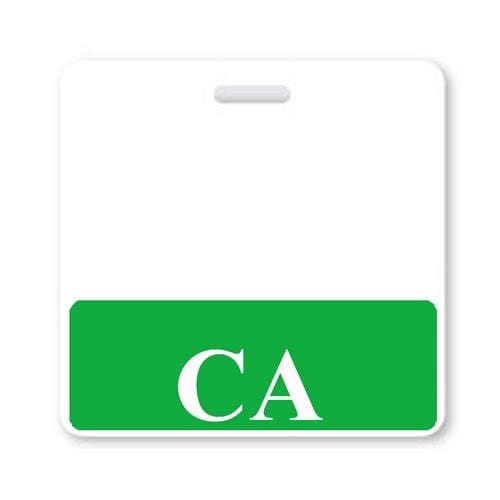 A white rectangular sign with a green bottom section displaying the letters "CA" in white, resembling a CA Horizontal Badge Buddy with GREEN border.