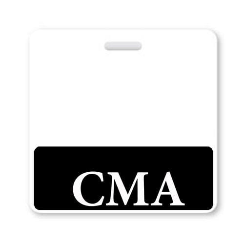 A square white badge with a horizontal black stripe at the bottom, bordered in black. The letters "CMA" are written in white within the black stripe, making this a sleek "CMA" Horizontal Badge Buddy with Black Border.