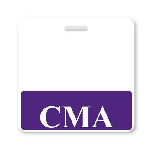 A white horizontal badge with a purple bottom section and border, featuring the letters "CMA" in large white text. This "CMA" Horizontal Badge Buddy with Purple Border is perfect for quickly identifying certified medical assistants.