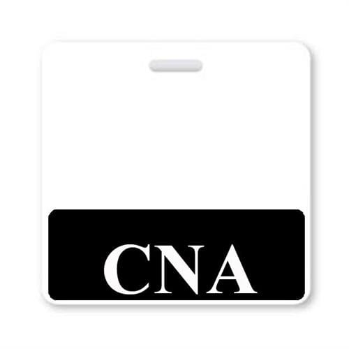 White laminated teslin badge with a black strip at the bottom displaying the letters "CNA" in white, serving as a sleek "CNA" Horizontal Badge Buddy with Black Border And White Text.
