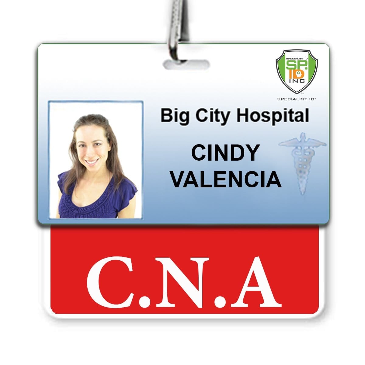 Identification badge for Cindy Valencia, working at Big City Hospital as a C.N.A. This horizontal badge features a red border and includes a "C.N.A." Horizontal Badge Buddy with Red Border for easy recognition.