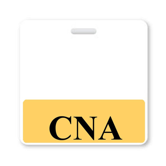 A CNA Horizontal Badge Buddy with Yellow Border displays the letters "CNA" in black text. Sold by Specialist ID.