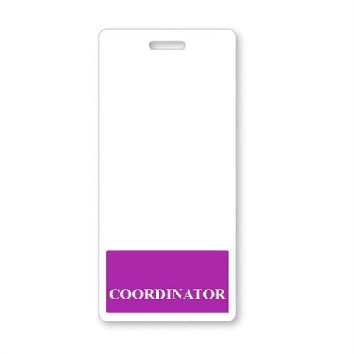 A white badge with a purple section at the bottom displays the word "COORDINATOR" in white text, offering instant role recognition. This COORDINATOR Vertical Badge Buddy with Purple Border is perfect for slot-punched ID cards.