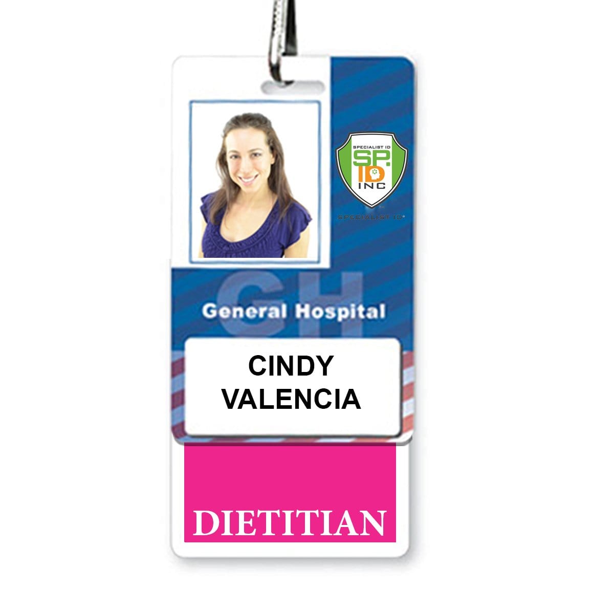 A DIETITIAN Badge Buddy with Hot Pink Border - Vertical features a photo, labelled "General Hospital." The name on the badge is "Cindy Valencia" with the title "Dietitian" below.