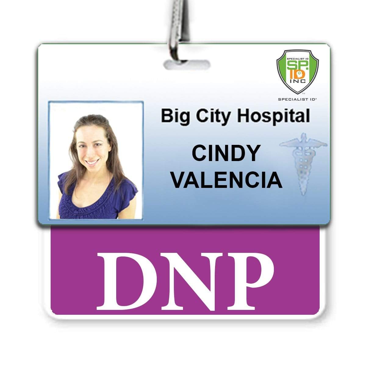 An identification badge for Big City Hospital featuring a photo of a person with the name "Cindy Valencia" and the acronym "DNP" on a purple section below. This DNP Horizontal Badge Buddy with Purple Border serves as both a nurse identification and DNP badge buddy, ensuring clear recognition and professional representation.