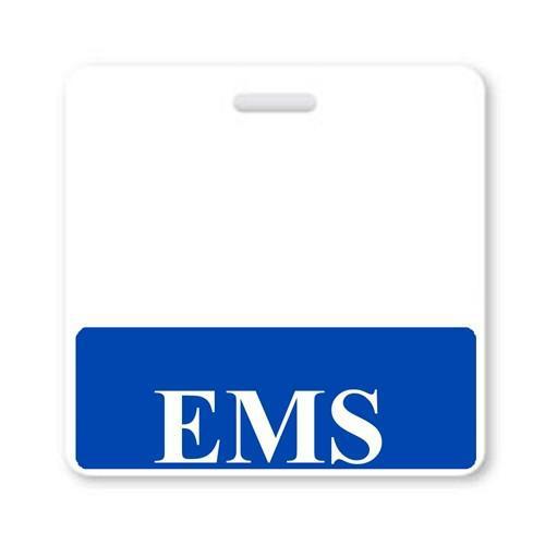 A white square badge with a blue bottom section displaying the letters "EMS" in white, perfect for student nurses in a hospital setting as an EMS Horizontal Badge Buddy with Blue Border.