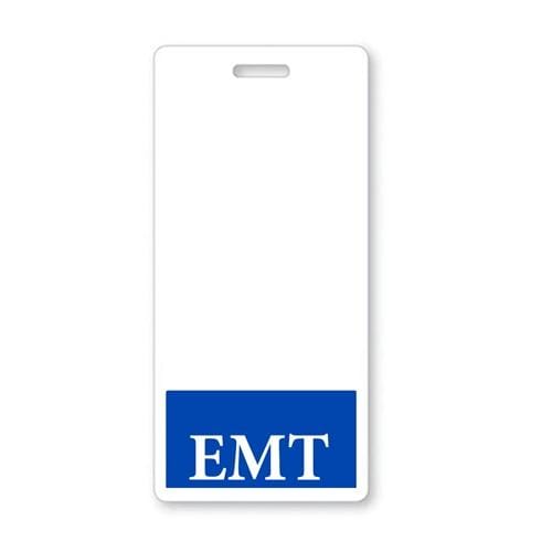 White identification card with a blue bottom section displaying the letters "EMT" in white text. The card, designed as an "EMT" Emergency Medical Technician, Vertical Badge Buddy with Blue Border, has a punched hole at the top for attachment.