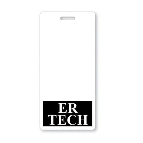 White identification badge with "ER TECH Vertical Badge Buddy with Black Border" boldly printed in black letters at the bottom, perfect for role recognition in a hospital environment.