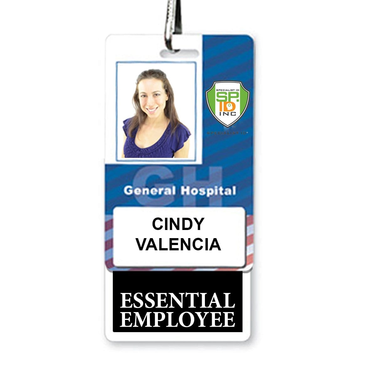 A hospital ID badge features a photo of a woman and the text "General Hospital," "Cindy Valencia," and "Essential Employee." This ESSENTIAL EMPLOYEE Vertical Badge Buddy with BLACK Border ensures instant role recognition for Cindy Valencia as an ESSENTIAL EMPLOYEE.