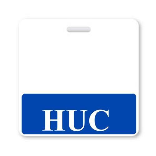 A white badge with a blue strip at the bottom displaying the letters "HUC" in white, designed as a HUC Horizontal Badge Buddy with Blue border for use in a hospital environment.