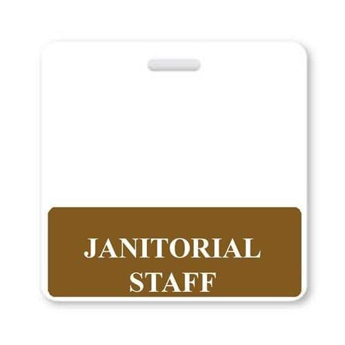A JANITORIAL STAFF Horizontal Badge Buddy with Brown Border made from the highest quality synthetic paper, featuring a brown section at the bottom that reads "JANITORIAL STAFF" in white uppercase letters for instant role recognition.