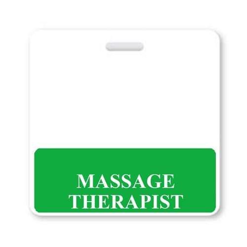 A MASSAGE THERAPIST Horizontal Badge Buddy with Green Border with a white background and a green bottom section that reads "MASSAGE THERAPIST" in white capital letters, ensuring clear role recognition.