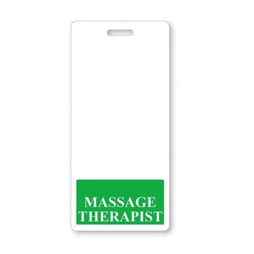 A white MASSAGE THERAPIST Vertical Badge Buddy with Green Border with the text "MASSAGE THERAPIST" in bold white letters on a green background at the bottom, crafted from the highest quality synthetic paper to ensure lasting role recognition.