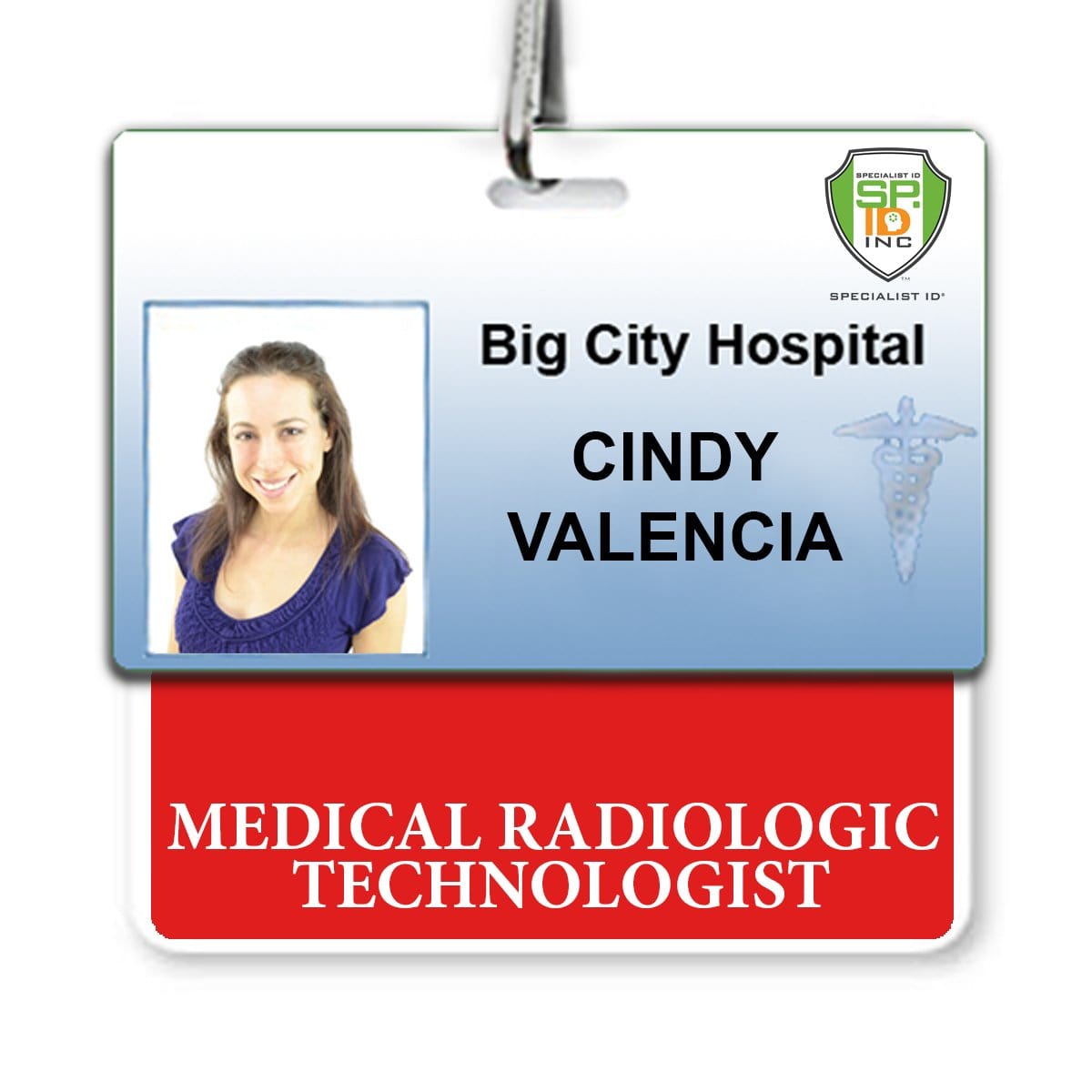 ID badge for Cindy Valencia from Big City Hospital, indicating her role as a Medical Radiologic Technologist. The "Medical Radiologic Technologist" horizontal Badge Buddy with Red Border includes her photo and the hospital logo, framed with a distinctive red border.