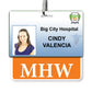ID badge for Big City Hospital with a photo of a person wearing a blue shirt. The badge displays the name "Cindy Valencia" and includes an additional tag labeled "MHW." The MHW Horizontal Badge Buddy with Orange Border features an orange border, adding both visibility and style.