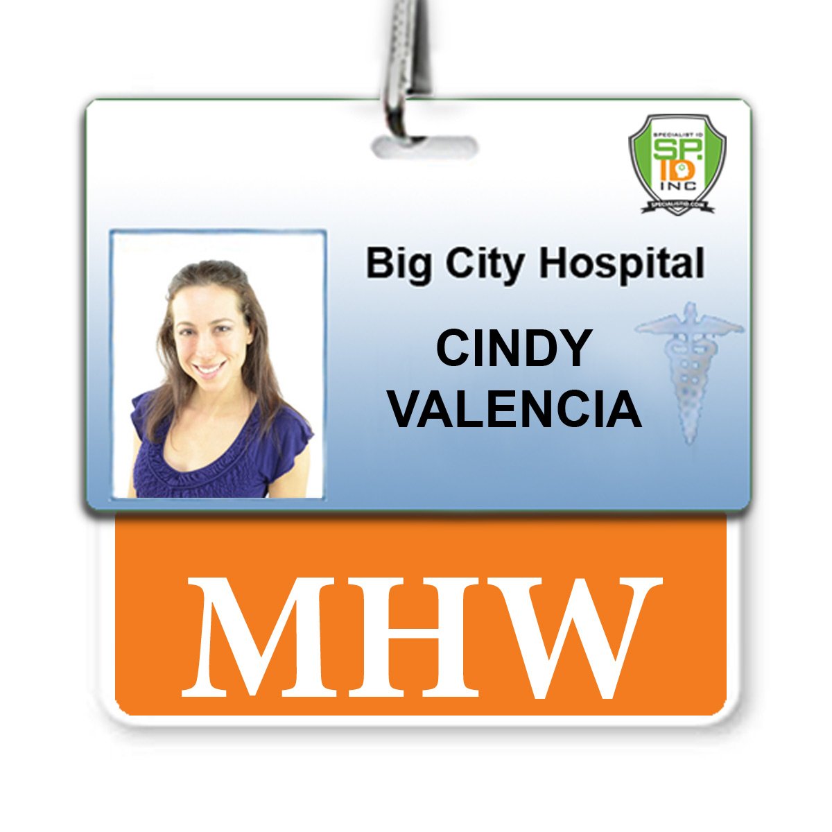 ID badge for Big City Hospital with a photo of a person wearing a blue shirt. The badge displays the name "Cindy Valencia" and includes an additional tag labeled "MHW." The MHW Horizontal Badge Buddy with Orange Border features an orange border, adding both visibility and style.