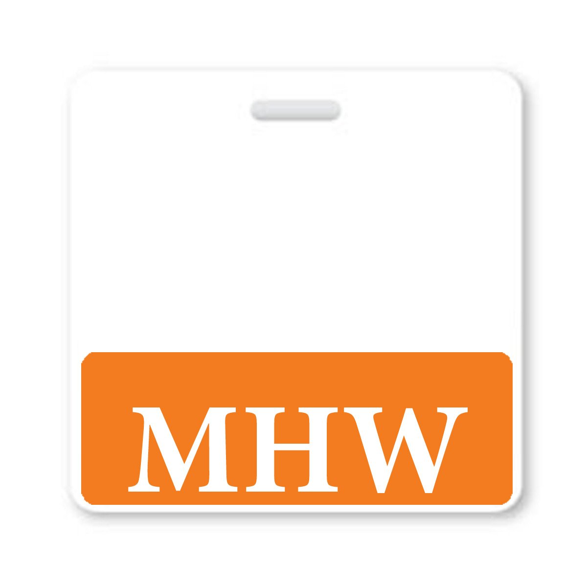 Square white badge with an orange bottom section and an orange border, displaying the white uppercase letters "MHW." This MHW Horizontal Badge Buddy with Orange Border is perfect for quick identification.