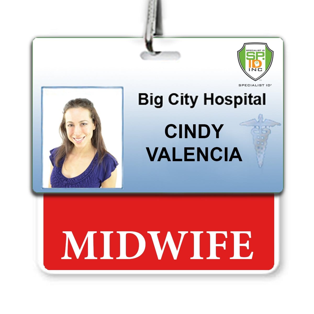 A hospital ID badge for Big City Hospital with the name Cindy Valencia and a photo of a woman. Below is a "MIDWIFE" horizontal Badge Buddy with Red Border, showcasing her role recognition.