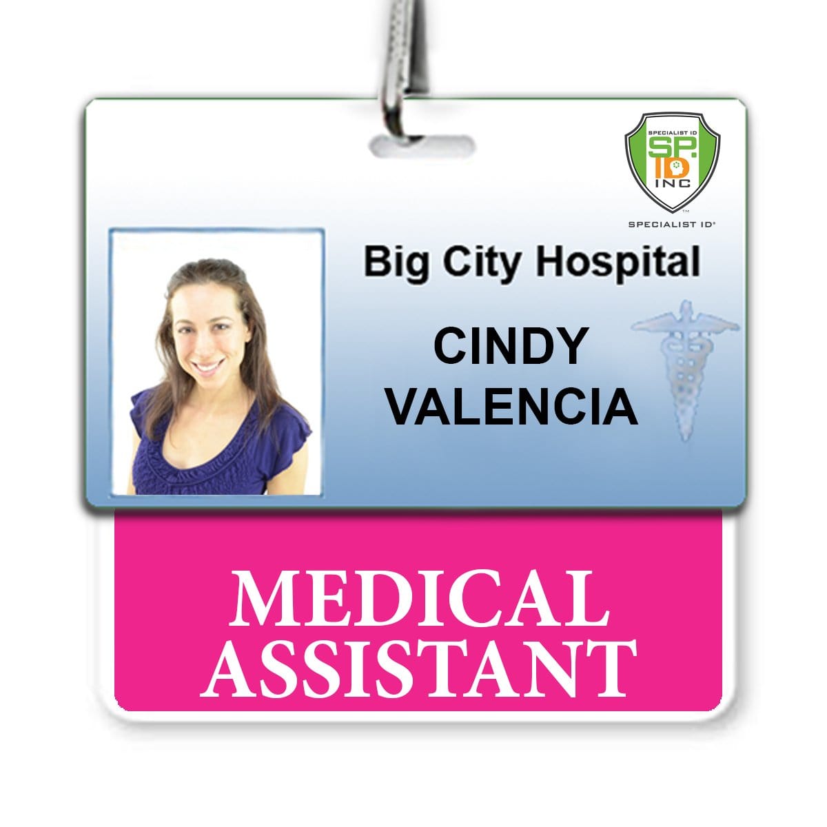 MEDICAL ASSISTANT Horizontal Badge Buddy with Hot Pink Border for Big City Hospital featuring a photograph of a woman named Cindy Valencia, title Medical Assistant.
