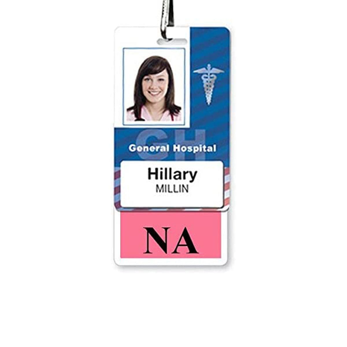 A hospital ID badge with a photo of a person labeled "Hillary Millin," title "NA," and text "General Hospital," featuring an NA Vertical Badge Buddy with Pink Border for easy identification.