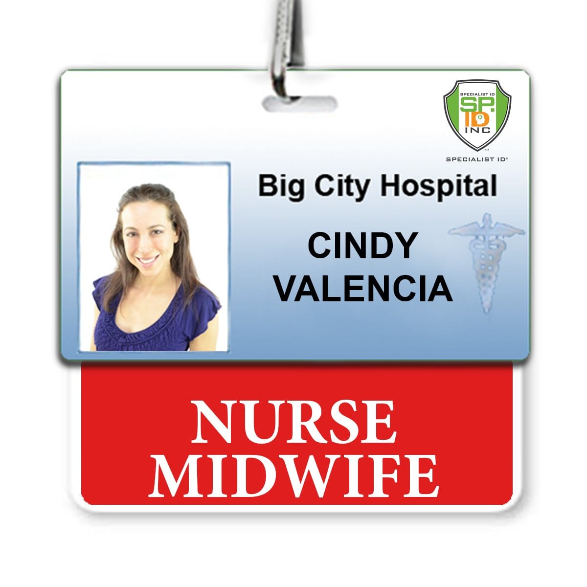 A hospital ID badge for Cindy Valencia, nurse midwife at Big City Hospital. The badge has her photo, name, position, and a medical symbol. Designed to fit seamlessly into the hospital environment, it also features a "NURSE MIDWIFE" horizontal Badge Buddy with Red Border for quick role identification.