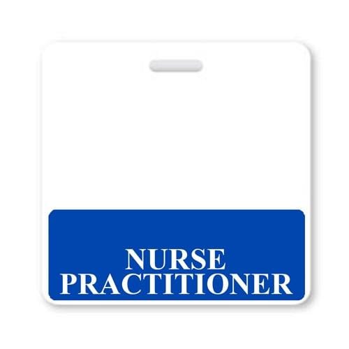 A white NURSE PRACTITIONER Horizontal Badge Buddy with Color Border with a blue section at the bottom containing the text "NURSE PRACTITIONER" in white letters. Sold by Specialist ID.